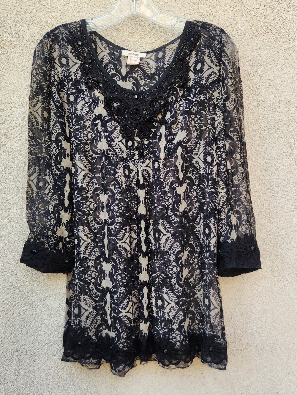 SUNDANCE Women's Tunic Small Sheer Lace Damask Silk Beaded Boho Goth Dress